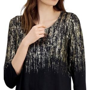 JM Collection 3/4 Sleeve Blouse Black Gold Copper Foil Rain Scoop Neck Sz 1X
